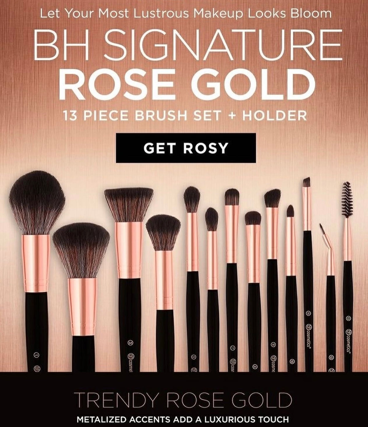Bh cosmetics 13 piece Rose Gold Brushes Set Black with holder