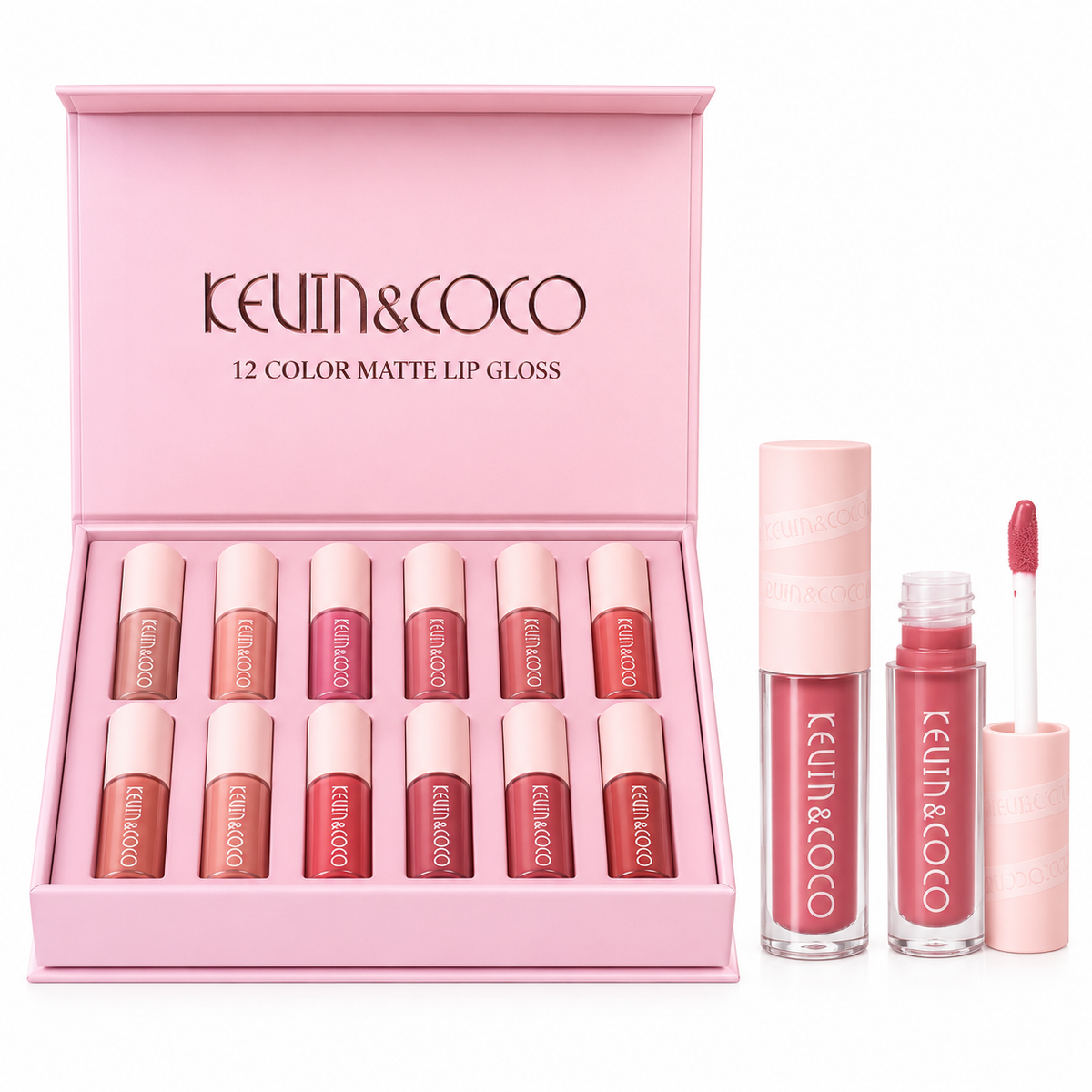 KEVIN&COCO 12-Color Matte Lip Gloss Set – Pink Gift Box